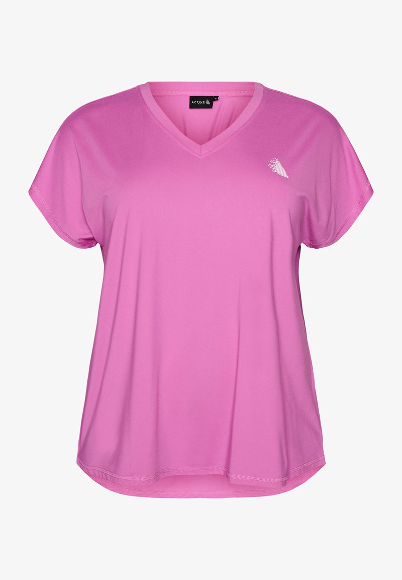 T-shirt de sport rose à manches courtes avec col en V et un petit logo géométrique blanc sur la partie supérieure gauche de la poitrine.