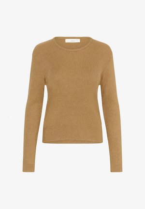 Lichtbruine geribde trui met lange mouwen en een ronde halslijn. De stof lijkt zacht met een textuurafwerking. Eenvoudig ontwerp, geen zichtbare patronen.