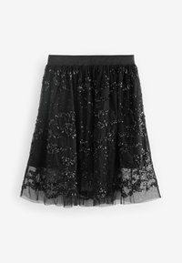 Zwarte tule rok met pailletten details en een zwarte elastische tailleband. Doorzichtige textuur, gelaagd ontwerp en bloemenpatroon aan de zoom.