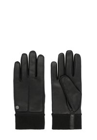 Guanti in pelle nera con polsini in maglia nera a coste. Caratteristiche includono quattro scomparti per le dita, cuciture distintive e un pannello laterale decorativo.