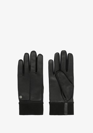 Gants en cuir noir avec des poignets côtelés tricotés noirs. Les caractéristiques incluent quatre emplacements pour les doigts, des coutures distinctes et un panneau d'accent sur le côté.