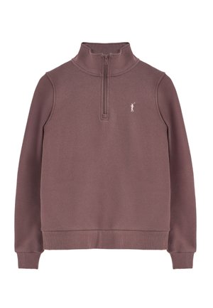 Bordeaux fleecetrui met hoge kraag, kwart-ritsontwerp, geribbelde manchetten en zoom, en een klein logo detail op de borst.
