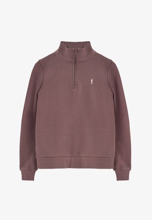 Felpa in pile bordeaux con colletto alto, design a zip a tre quarti, polsini e orlo a costine, e un piccolo dettaglio con logo sul petto.