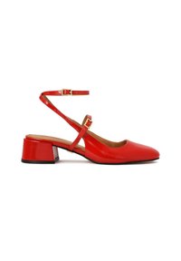 Red patent leather slingback shoe with a pointed toe and a low square heel. Features an adjustable ankle strap with a gold buckle.