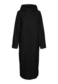 Černý voděodolný kabát s kapucí, dlouhý design, přední patentky, boční kapsy a nastavitelné stahování v oblasti krku.