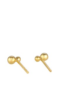 Gold-tone earrings featuring two spherical accents connected by a slender post. Smooth surface with reflective finish. Simple design.