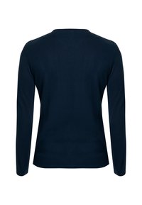 Maglietta a maniche lunghe di colore navy, realizzata in tessuto liscio, con scollatura rotonda e design aderente. Senza motivi o accenti visibili.