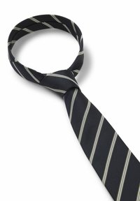 Cravatta blu navy scuro con strisce diagonali grigio chiaro, annodata con un nodo classico, mostrata su uno sfondo bianco.