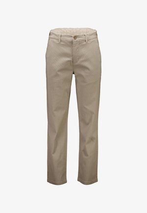 Beige trousers featuring a textured pattern, standard waistband with a button closure, straight leg design, and no visible pockets.