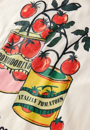 Gráfico colorido que muestra dos latas ilustradas de tomates con tomates rojos y hojas verdes, etiquetadas como "Pomodorino" y "Tomates Italianos."