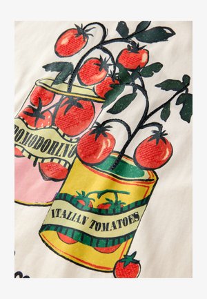 Färggrafik med två illustrerade burkar med tomater, röda tomater och gröna blad, märkta "Pomodorino" och "Italienska tomater".