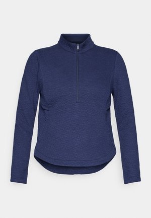 Tumši zils, teksturēts, garām piedurknēm, pulovers ar pusi rāvējslēdzēja un augstu apkakli, noapaļotiem malām un šauru piegriezumu.