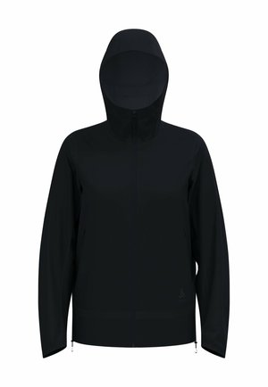 Black hooded jacket with a full zip, long sleeves, and a smooth, lightweight fabric. Features drawstrings at the hood and hem.