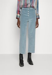 Helleblaue Cordhose mit hohem Bund und geradem Bein, ausgestattet mit fünf vorderen Knöpfen und seitlichen Taschen, kombiniert mit schwarzen Stiefeletten.