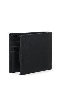 Schwarze Leder Geldbörse mit mehreren Kartenfächern und minimalistischer Gestaltung. Glatte Textur und einfache rechteckige Form, geöffnet, um das Innere zu zeigen.