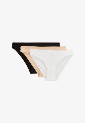 Culottes de bikini en coton, en noir, nude et blanc. Design simple avec une texture lisse et sans matériel ou motifs visibles.