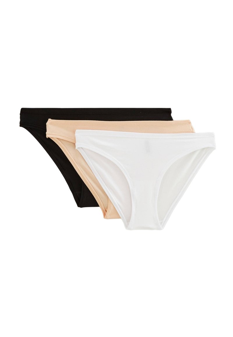 Culottes de bikini en coton, en noir, nude et blanc. Design simple avec une texture lisse et sans matériel ou motifs visibles.