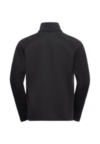 Zwarte pulloverjas gemaakt van gestructureerde stof met een opstaande kraag, raglanmouwen en een subtiel patroon, zonder zichtbare hardware.