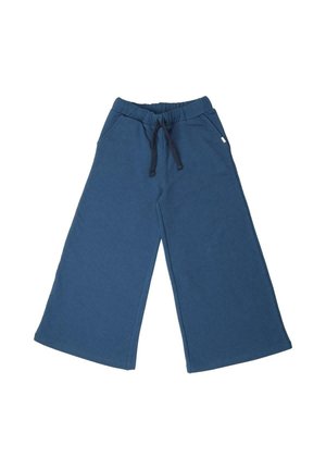 Wide-leg sweatpants in a solid blue color, featuring an elastic waistband with a drawstring. Made from soft fabric with side pockets.