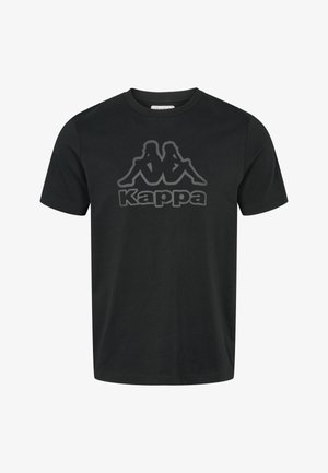 Zwarte katoenen T-shirt met een opvallend grijs Kappa-logo over de borst met een silhouetontwerp boven de merknaam.