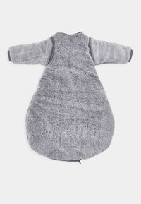 Gray, furry baby sleepsack with long sleeves and rounded bottom. Features a zipper at the base and contrasting trim along the edges.