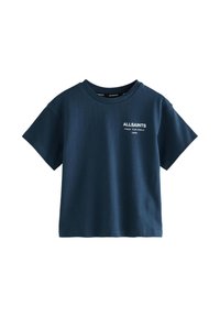 Granatowy bawełniany t-shirt z okrągłym dekoltem, krótkimi rękawami oraz nadrukiem z logo z przodu. Charakteryzuje się luźnym krojem i gładką fakturą.