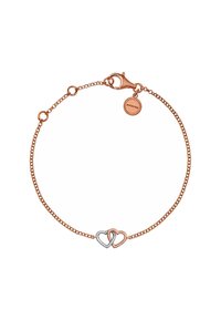 Brazalete de oro rosa con un diseño de cadena que presenta acentos de corazones entrelazados en plata y oro rosa. Cierre de langosta seguro.