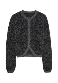 Cárdigan de punto en negro y gris con un patrón texturizado, cuello redondeado, cierre de botones y puños y dobladillo acanalados. Largo corto y tela suave.
