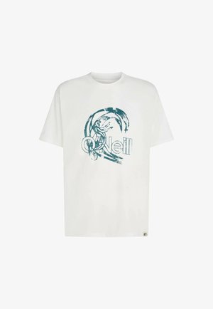 White cotton t-shirt featuring a graphic print of a surfer and the word "O'Neill" in teal, with a crew neckline and short sleeves.