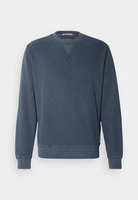Marineblauwe sweatshirt, gemaakt van gestructureerde stof, met een ronde halslijn, geribde manchetten en een rechte zoom met een klein logotag aan de onderkant.