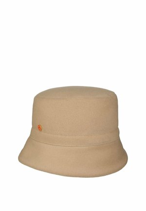 Beige bucket hat with soft fabric and a small round orange logo on the side, set against a white background.