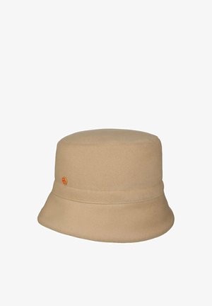 Beige bucket hat with soft fabric and a small round orange logo on the side, set against a white background.