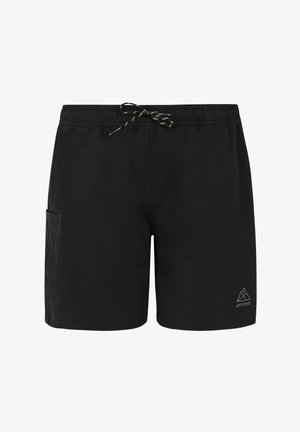 Zwarte zwemshorts van een gestructureerde stof, met elastische tailleband en verstelbaar koord. Voorzien van een zijzak en een lichtblauw logo.