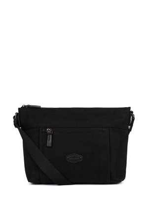 Czarna torba na ramię z regulowanym paskiem, przednią kieszenią na zamek oraz małą naszywką z logo na środku przedniego panelu.