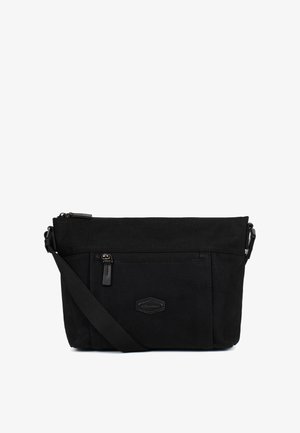 Borsa a tracolla nera con tracolla regolabile, tasca frontale con zip e una piccola toppa con logo al centro del pannello frontale.