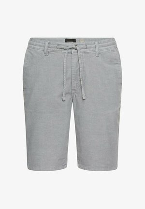 Graue Corduroy-Shorts mit elastischem Taillenbund, Kordelzug und geradem Schnitt, versehen mit dezenten vertikalen Streifen.