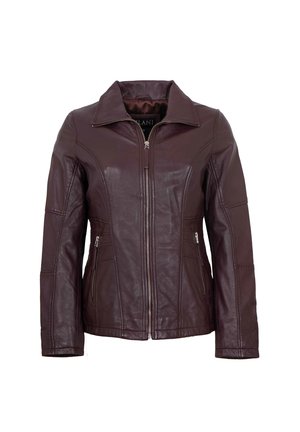 Dunkelbraune Lederjacke mit Frontreißverschluss, zwei Reißverschlusstaschen und Stehkragen, dargestellt auf weißem Hintergrund.