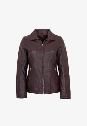 Dark brown leather jacket with front zipper, two zippered pockets, and a stand-up collar, displayed on a white background.