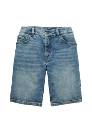Blå denim knælange shorts med forreste knap, lynlås og fem-lomme design, lagt fladt på en hvid baggrund.
