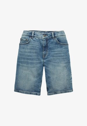 Blauwe denim knielange shorts met voorste knoop, ritssluiting en ontwerp met vijf zakken, plat neergelegd op een witte achtergrond.