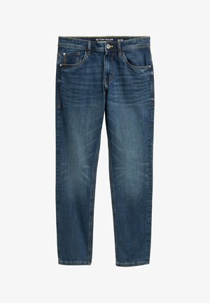Donkerblauwe denim jeans met een recht gesneden pijp, lichte vervaging op de bovenbenen, vijf zakken en metalen hardware voor sluiting en accenten.