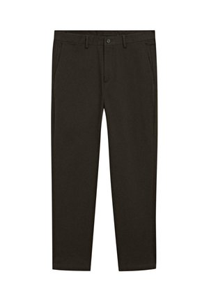 Ciemnobrązowe spodnie wykonane z bawełnianej tkaniny. Posiadają zapięcie na guzik, dwie przednie kieszenie oraz prostą nogawkę. Brak widocznych wzorów lub akcentów.