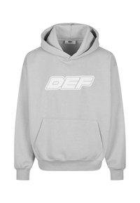 Lys grå hoodie med en frontlomme og snoretræk i hætten. Har et stort hvidt "DEF" logo på brystet. Blødt materiale med ribbede manchetter.