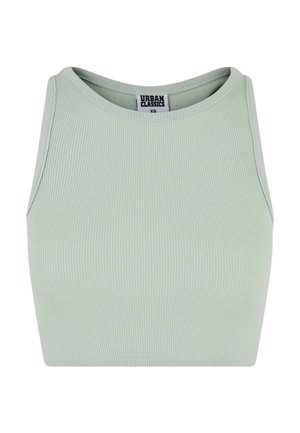 Light green ribbed crop top with a round neckline and sleeveless design. Fabric has a smooth texture with a fitted silhouette.