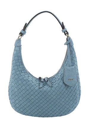 Blaue Wildlederhandtasche mit gewebter Textur, kurzem Griff, Reißverschluss oben und kleinem angebrachtem Täschchen mit Markenlogo auf der Vorderseite.