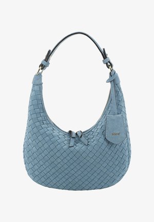 Blue suede handbag with woven texture, short handle, top zipper, and small attached pouch with brand logo on front.
