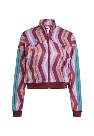 Korta zip-up jakke med chevronmønstre i maroon, lavendel og turkis, med kontrasterende detaljer og en atletisk passform.