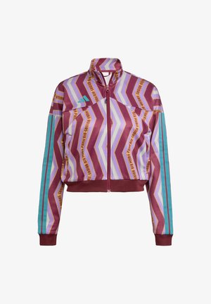Veste zippée raccourcie avec des motifs en chevron en marron, lavande et turquoise, dotée de détails de bandes contrastés et d'une coupe athlétique.