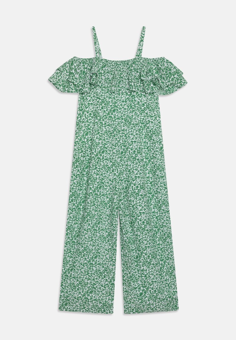 Zielony kombinezon w kwiaty z opadającymi rękawami wykończonymi falbaną, o luźnym kroju i teksturowanym materiale z białymi wzorami.