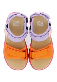 Färgglada sandaler med en rosa sula, orange och lavendelremmar med justerbara spännen, samt en strukturerad fotbädd.
